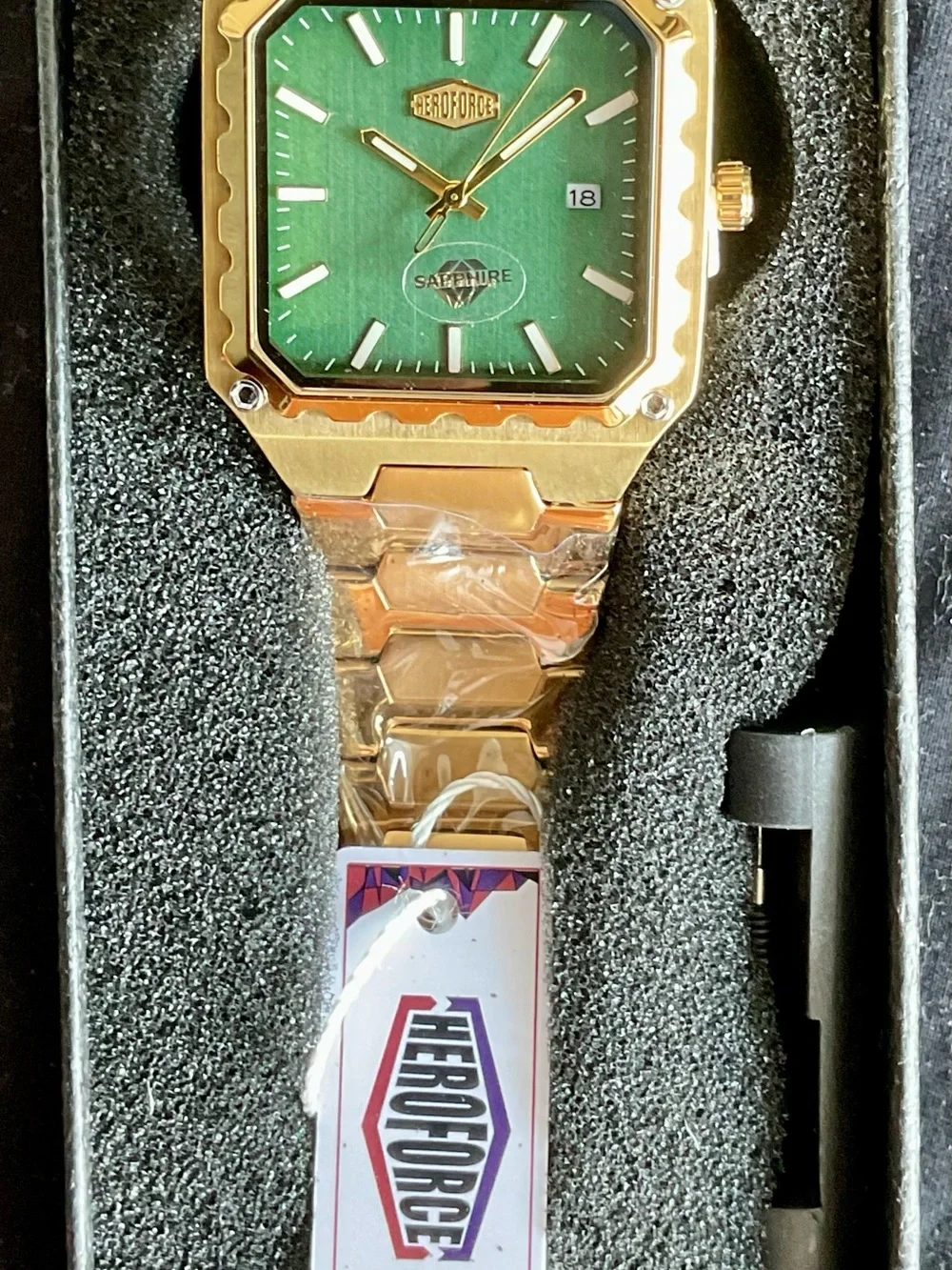 NIB Gold Tone 36mm Square Heroforce Watch Integrated Bracelet + Tool